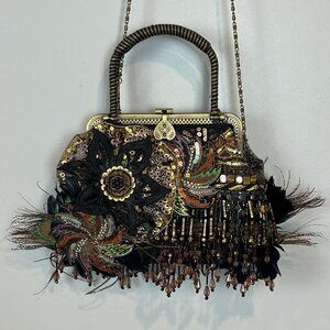 Chicos Boho Purse Beaded Feathers Flowers Whimsical Woodsy Fairy Romantic Sequin